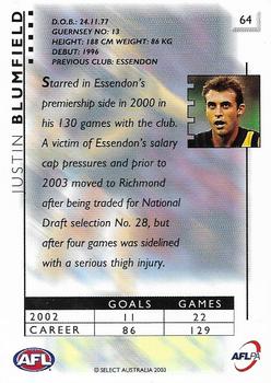2003 Select XL Ultra AFL #64 Justin Blumfield Back